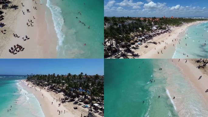 360度环视航拍鸟瞰蔚蓝加勒比海滩漫步