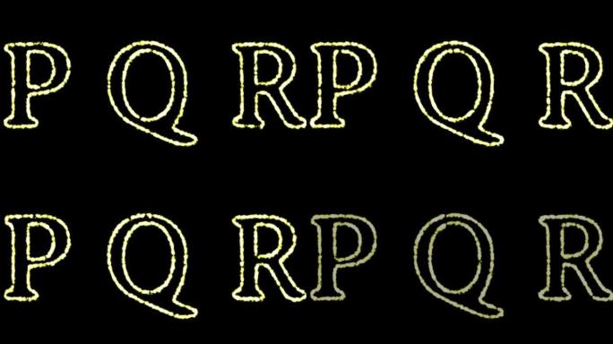 英文字母 “P Q R” 的字母出现在中间，一段时间后消失。抽象孤立的字母形式的模糊假日彩色灯光。