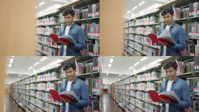 聪明的亚洲人大学生在带复制空间的校园图书馆书架之间阅读书籍。