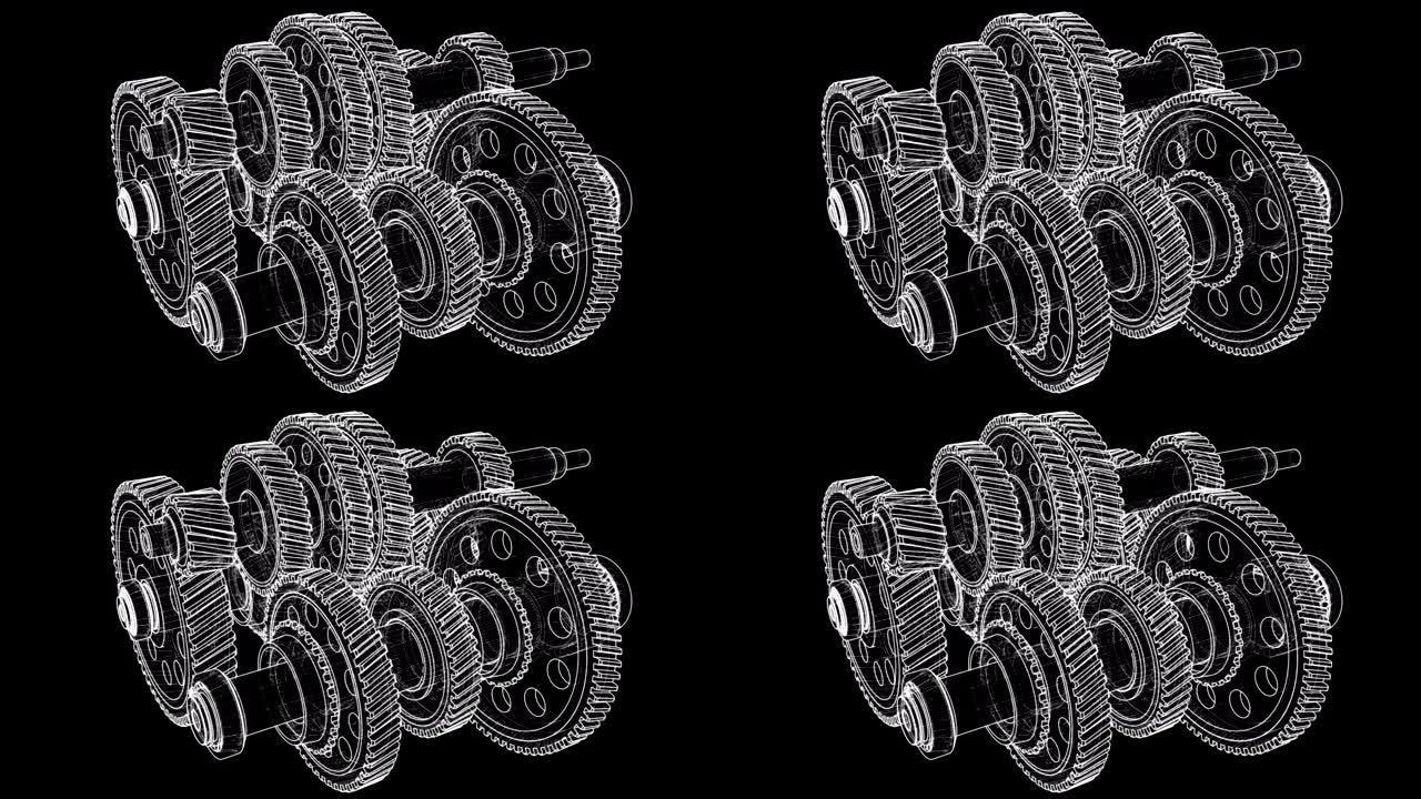 轮廓齿轮箱概念。3D插图视频