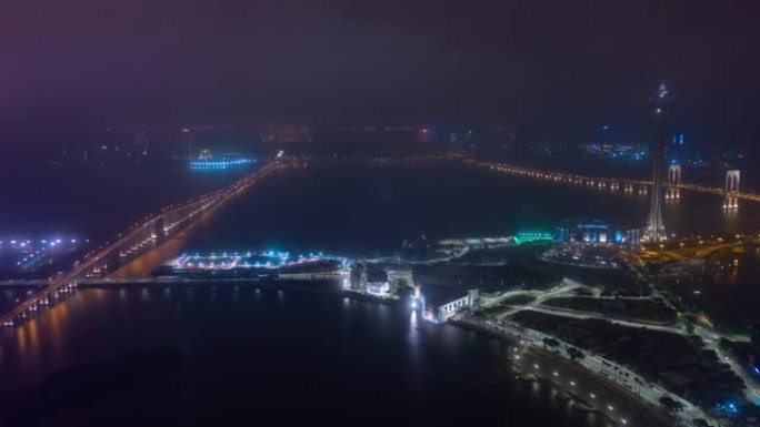 夜间照明澳门城市交通湾道路空中全景4k延时中国