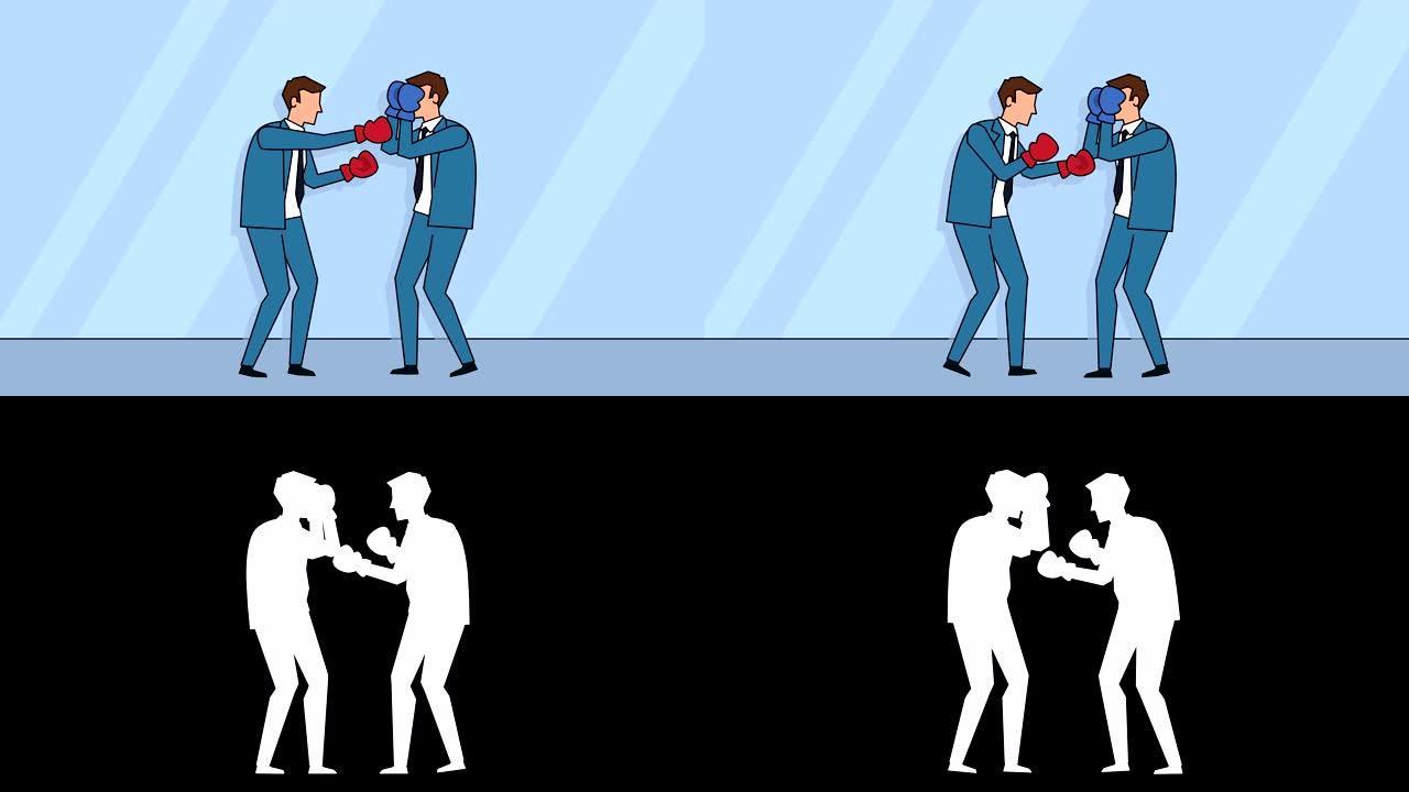平面卡通商人人物拳击战斗对峙概念动画