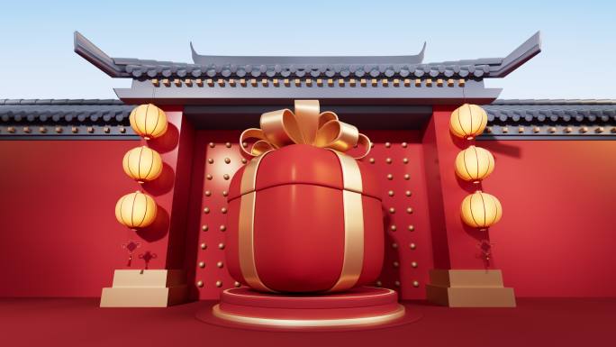 中国风古风建筑与礼物盒3D渲染