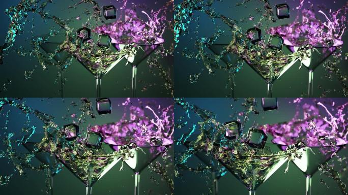 三种五颜六色的清爽马提尼鸡尾酒，带有飞溅，水滴和冰块绿色背景，混合蓝色和紫色的光。为俱乐部派对设置玻
