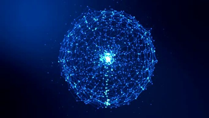 sphere抽象深蓝色数字数据系统节点和连接路径的动画。3D插图渲染。