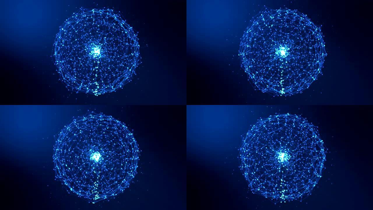sphere抽象深蓝色数字数据系统节点和连接路径的动画。3D插图渲染。