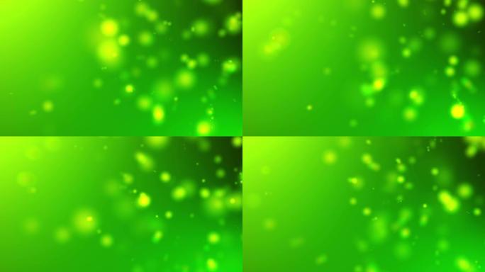 4k浅绿色光束，散景漂浮在彩色绿色上，渐变背景在运动中。动态粒子在空中转动的循环3d动画与Bokeh