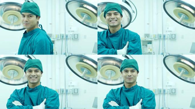 年轻人医生面带微笑地看着镜头。医学概念。