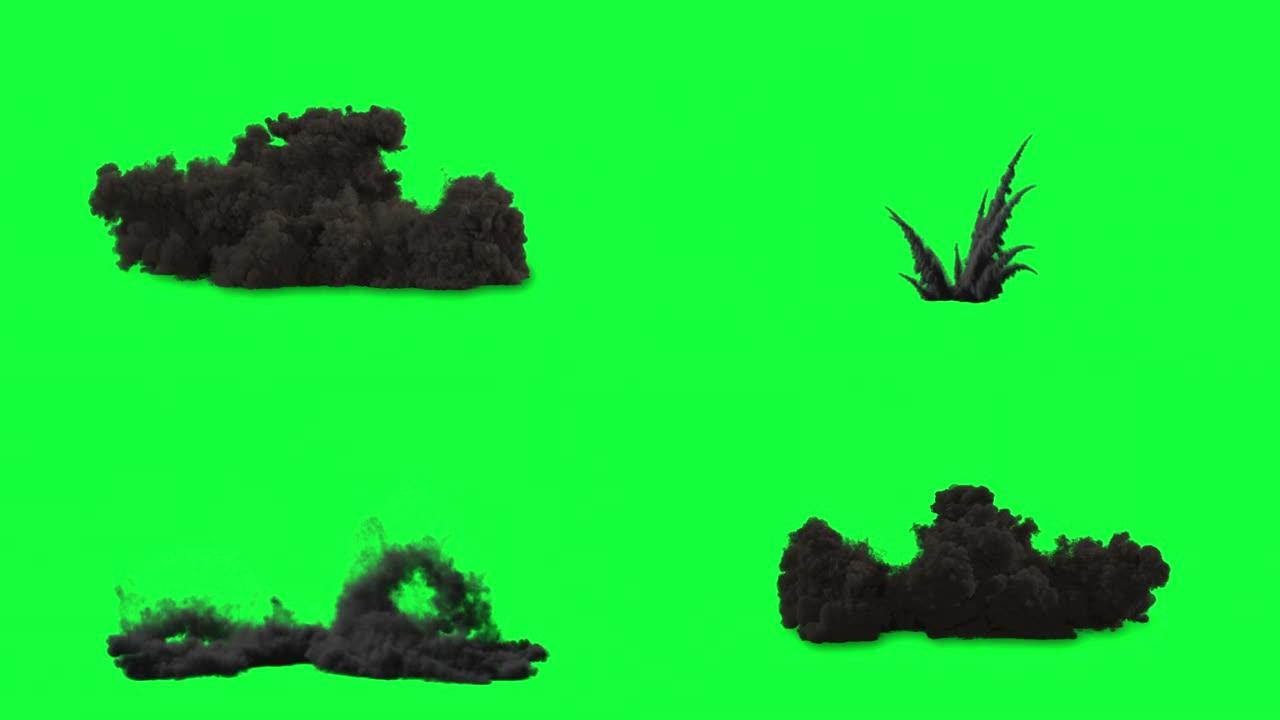 绿色屏幕背景上的黑色浮肿烟雾爆炸和爆炸包3个剪辑，VFX视频元素