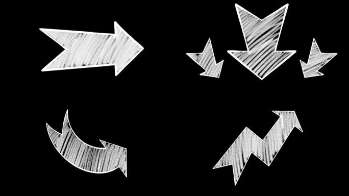 涂鸦风格箭头。一组动画手绘白色箭头孤立在黑色背景上。