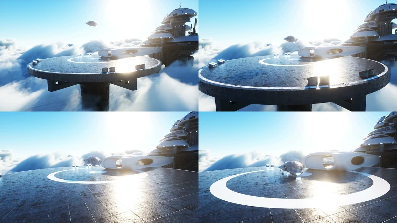 未来主义的船降落在云中的未来主义基地。逼真的4k动画。