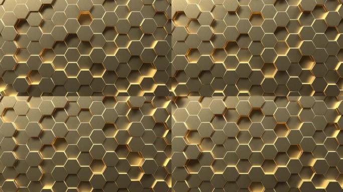 金色六边形蜂窝随机上下移动背景。黄金抽象艺术和几何概念。4k镜头动态图形视频。无缝循环