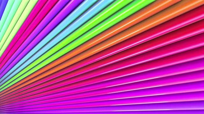 带彩虹磁带的4k抽象3d无缝明亮背景。彩虹五彩条纹以简单的几何卡通创意风格循环移动。循环流畅的动画。