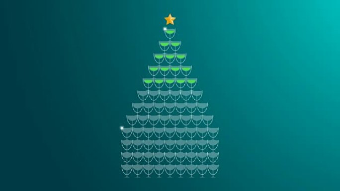 香槟塔绿色和星形金色制作圣诞树插图绿色渐变背景动画4K，带复制空间