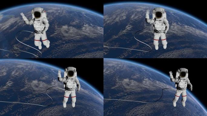 宇航员太空行走，在空旷的空间里挥舞着他的手。国际空间站ISS在地球大气层上空旋转。NASA提供的这段
