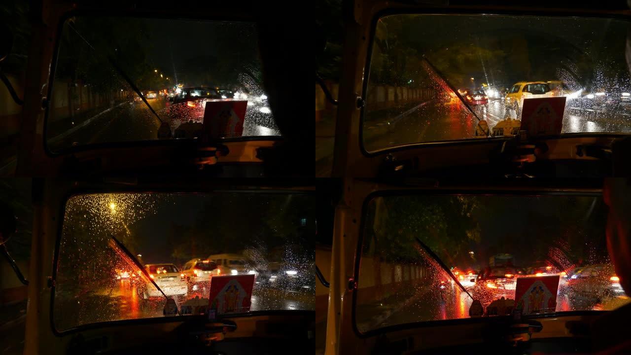 夜间照明班加罗尔市人力车公路旅行前窗pov全景4k印度