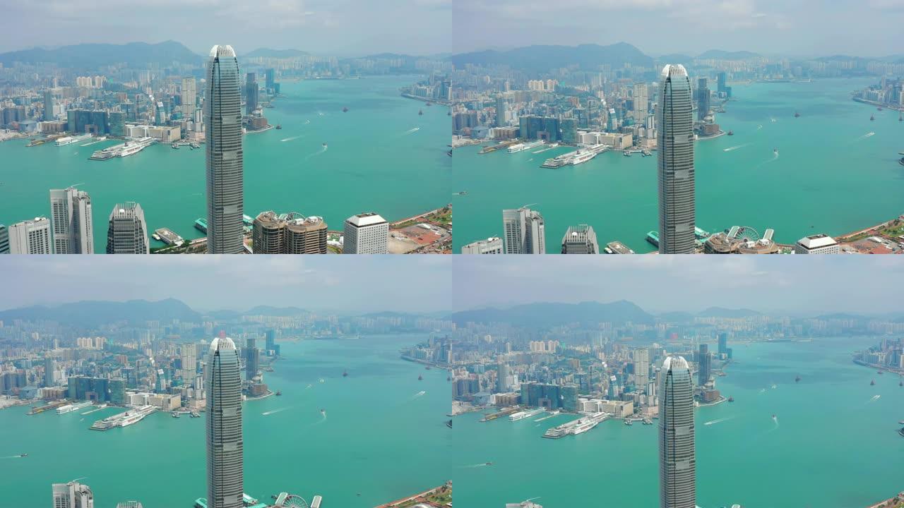 阳光灿烂的香港城市景观市中心著名的威震天维多利亚港空中全景4k
