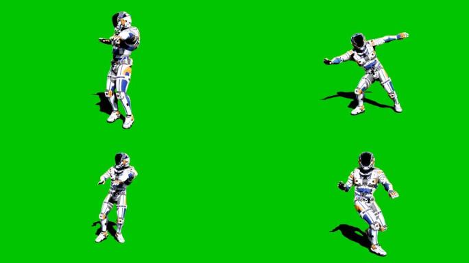 宇航员-未来的士兵，在绿屏前跳舞。逼真的动画。