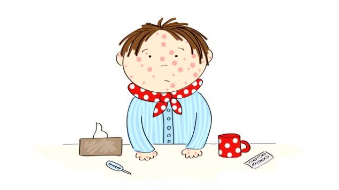 生病的男孩，水痘，麻疹，红疹或皮疹站在桌子后面，茶，药，温度计和纸手帕。原创手绘动画。