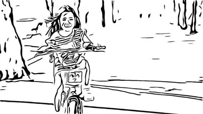 动画卡通素描，亚洲小女孩在花园骑自行车