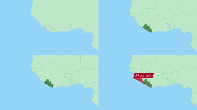 利比里亚地图，带国家首都别针。
