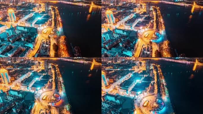 中国哈尔滨防洪纪念塔夜景延时航拍