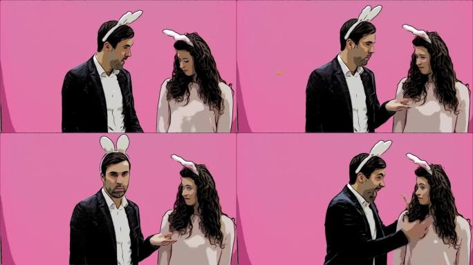 年轻夫妇在粉红色背景下很漂亮。在这段时间里，他们穿着乌合之众的耳朵。互相看着对方，表现得像兔子，复制