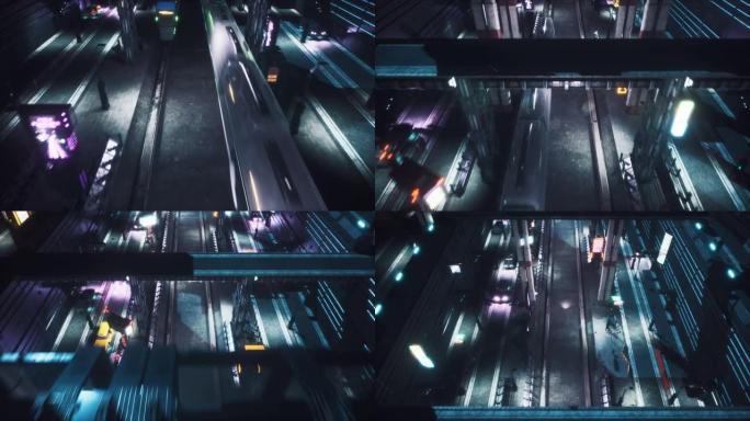 夜景未来的火车站和高速公路，有过往的汽车。小说、网络和科幻背景的动画。未来城市的景色。