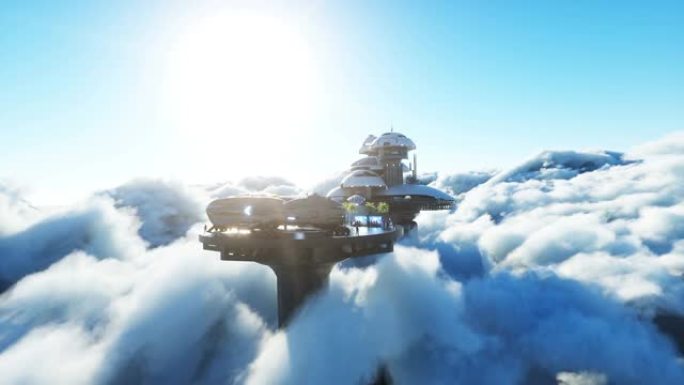 云层上的未来城市车站。飞行未来主义的飞船。未来的概念。逼真的4k动画。