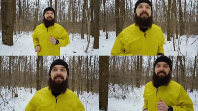 在白雪皑皑的冬季森林中，有胡子的运动员朝着相机奔跑的手持镜头