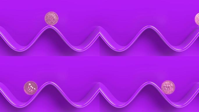 简约几何抽象场景的3d循环动画。金色的欧元硬币在波浪形的路径上滚动。下跌和上涨的金融概念。