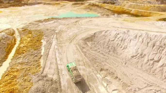 采矿业从上面。摄像机飞越高岭土露天铸造矿井。