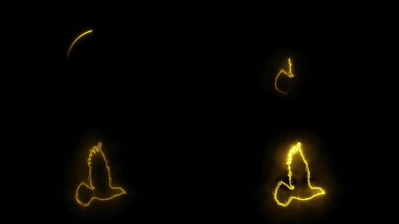 鸟侧影发光火线在黑色背景上孤立飞行。4k视频动态图形动画。