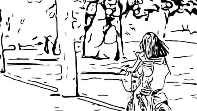 动画卡通素描，亚洲小女孩在花园骑自行车