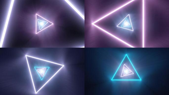 飞过扭曲的霓虹粉色蓝色三角形形状无尽隧道-4k无缝VJ循环运动背景动画