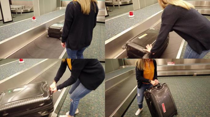 一个女人到达后拿回行李的视频。