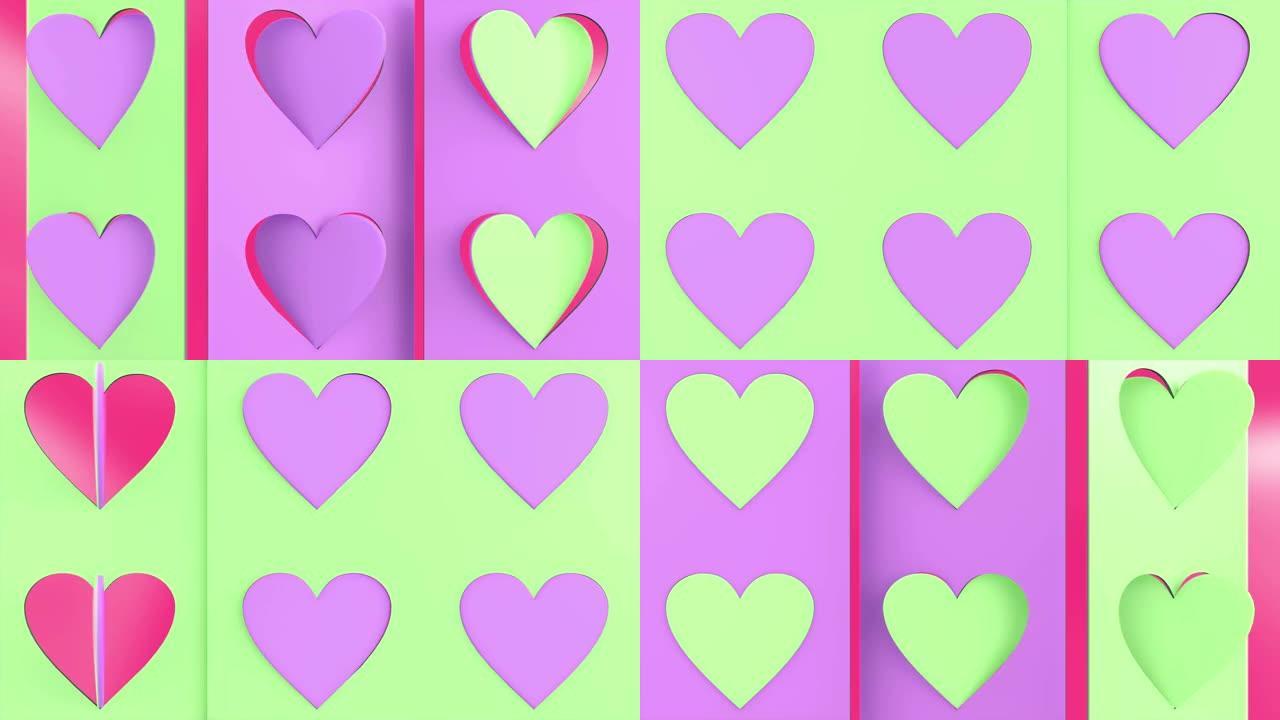 3d动画很多的心。心脏标志正在翻转。无缝模式。