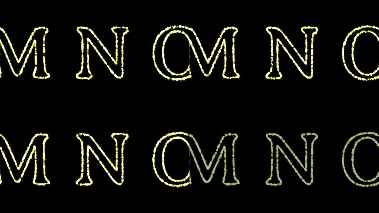 英文字母 “M N O” 出现在中间，一段时间后消失。抽象孤立的字母形式的模糊假日彩色灯光。