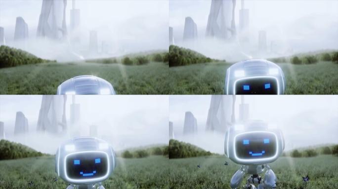 有趣的玩具机器人在未来城市的背景下的草地上。未来概念。逼真的4k动画。