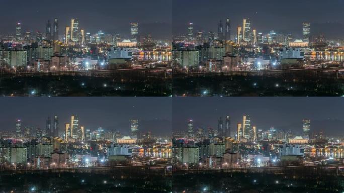4k时间流逝: 韩国首尔城市天际线的交通高峰时段夜间现代建筑
