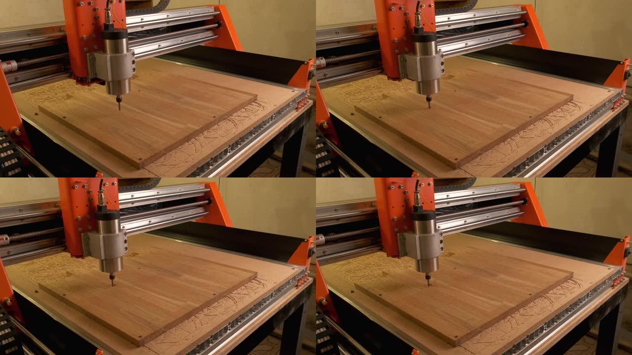 木材数控机床开始工作，在板坯上钻了一个圈。自动化机制。转动木制零件