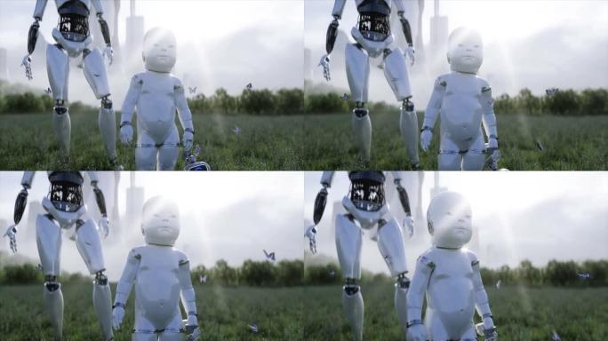 母亲机器人和她的婴儿机器人在一个未来城市的背景下的草地上。未来的家庭。机器人家庭。未来概念。逼真的4