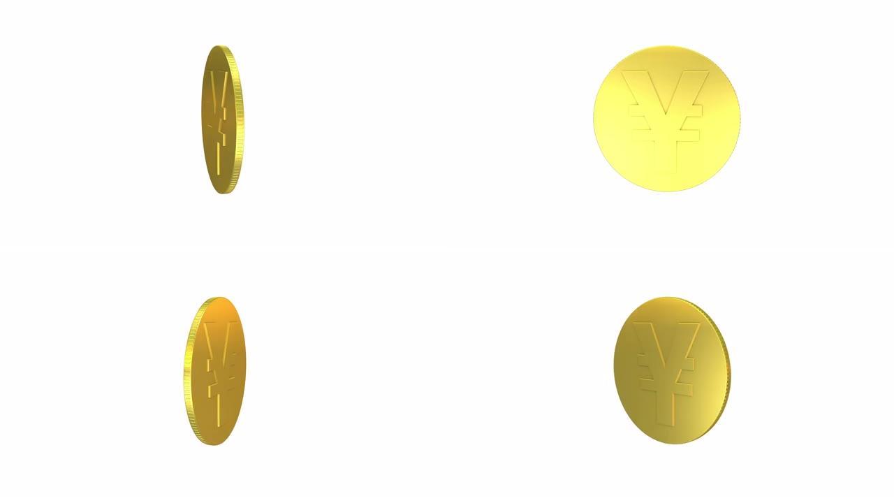 单日元符号硬币旋转可循环动画。可循环的日元金币