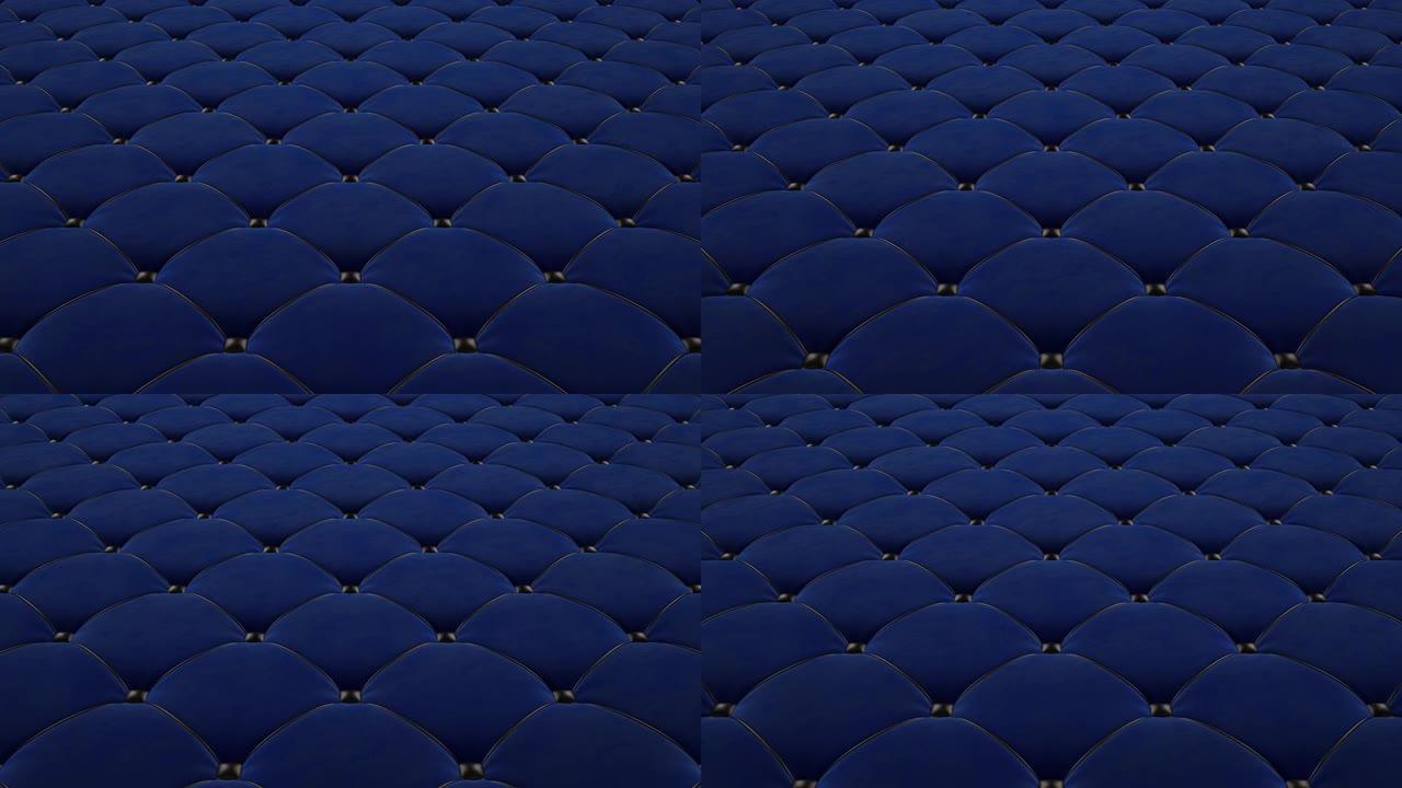 蓝色绗缝天鹅绒表面与黑色拉绳飞行的3D动画。循环视频。