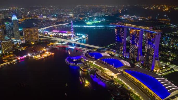 夜间照明新加坡城市飞行著名酒店海湾空中全景4k延时