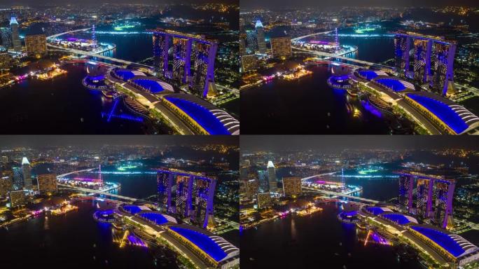 夜间照明新加坡城市飞行著名酒店海湾空中全景4k延时