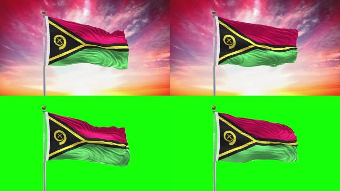 瓦努阿图旗，可循环，包括绿屏色度键版本，在风中摇摆的慢动作动画，4K逼真的织物纹理，连续无缝循环背景