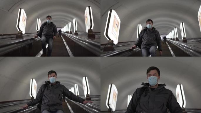 在地下保持安全。新型冠状病毒肺炎病毒和人们在公共交通地铁自动扶梯中的感染风险的社会距离。医疗保健概念