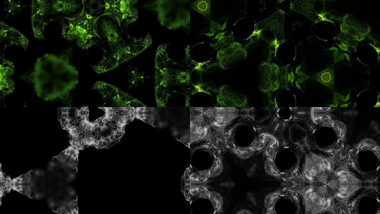 抽象粒子背景。4k发光颗粒在液流中运动，形成万花筒结构。以亮度哑光为阿尔法通道的墨水效果。黑色背景上