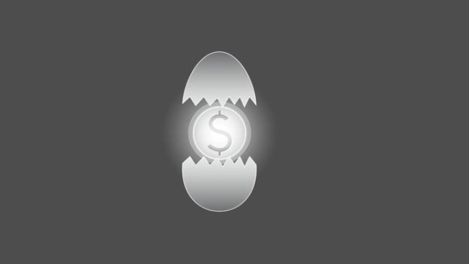 灰色背景上亮亮美元硬币灯泡打破蛋壳的二维动画镜头，创新概念，全高清，每秒25帧